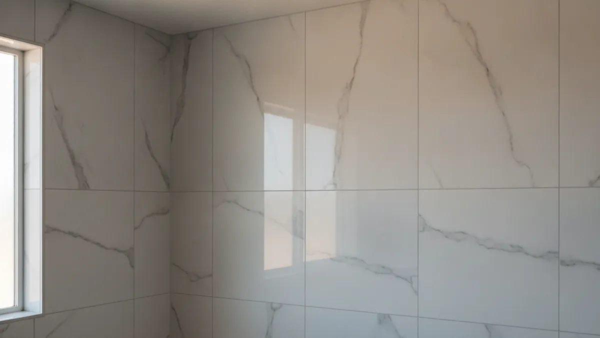 Newly installed bathroom exhaust fan on a ceiling with a marble-look tile surround in San Diego