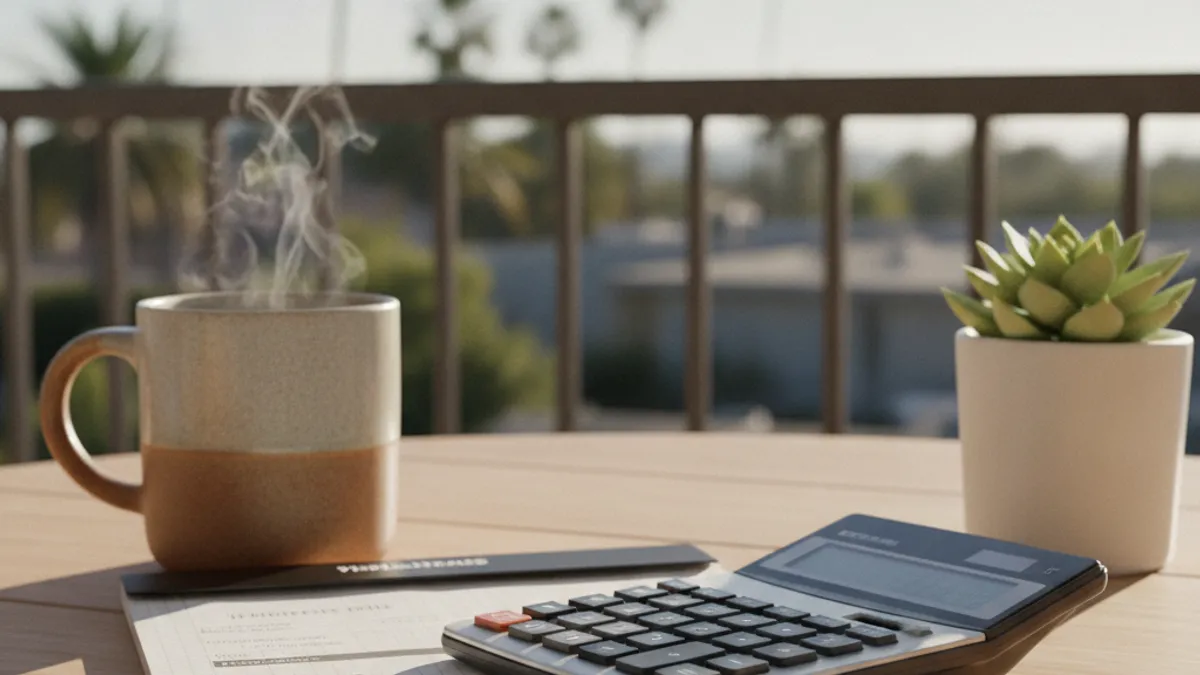 Calculator and itemized bathroom remodel estimate on a notepad next to a coffee mug