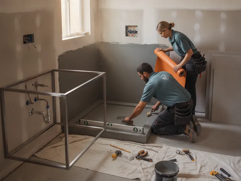 Cuadrilla instalando azulejo de porcelana de formato grande y un tocador flotante en una remodelación completa de baño en San Diego
