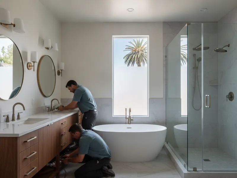 Remodelación de baño principal con tina independiente, regadera de vidrio sin marco y tocador doble en San Diego