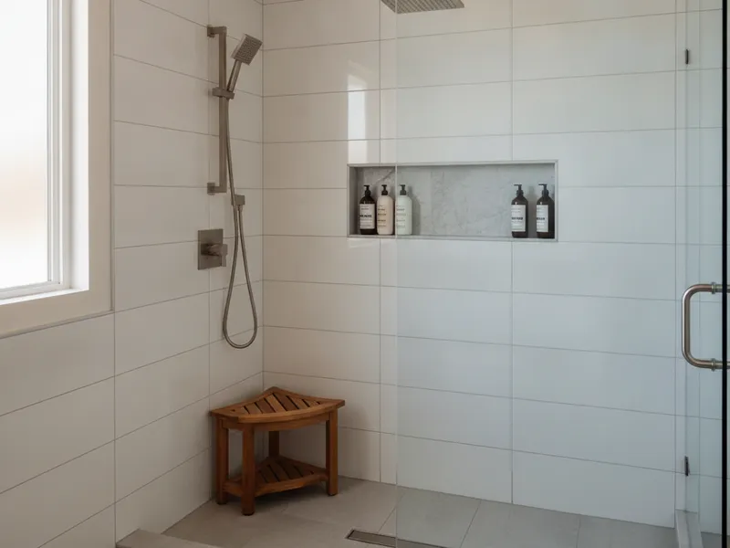 Regadera de entrada directa con azulejo, vidrio sin marco y accesorios en níquel cepillado en una remodelación en San Diego