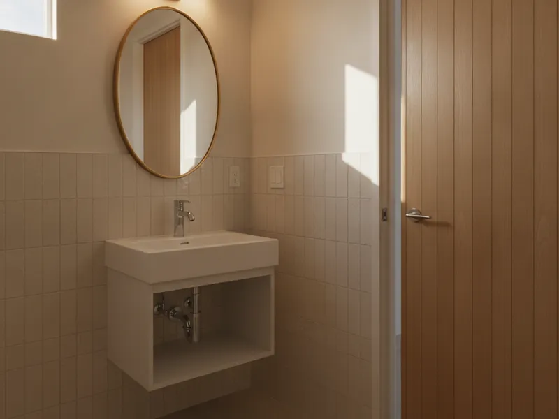 Remodelación de medio baño con llave de pared, tocador flotante y azulejo claro de formato grande en San Diego