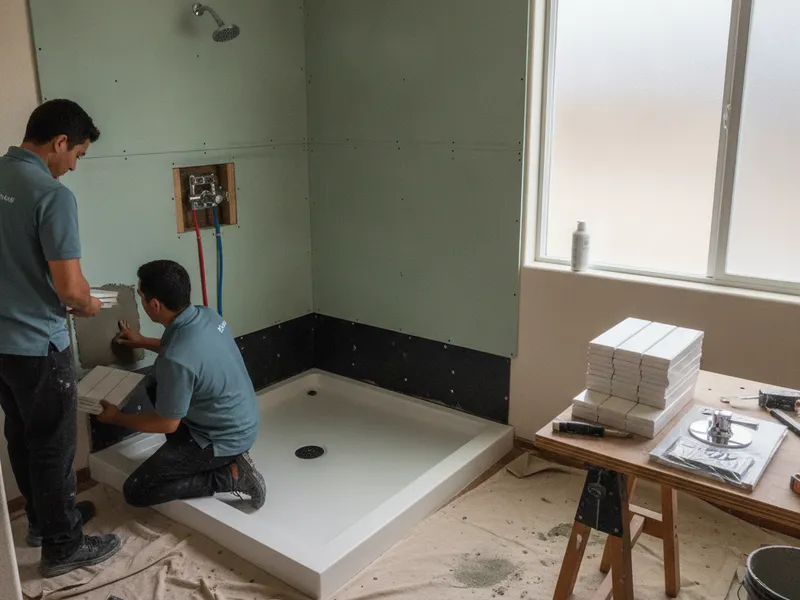 Tina tipo alcoba removida y reemplazada por una regadera de entrada directa con azulejo y puerta de vidrio sin marco en un baño de San Diego