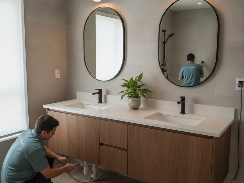 Tocador doble personalizado con cubiertas de cuarzo, lavabos bajo cubierta y espejo con marco en un baño principal de San Diego
