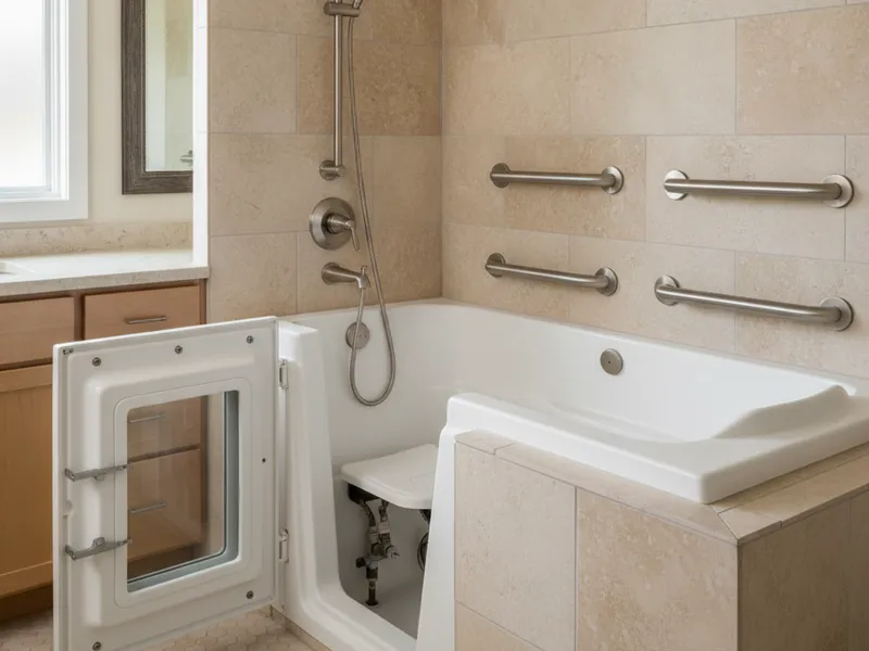 Tina con puerta con asiento integrado, barra de apoyo y regadera de mano instalada en un baño accesible en San Diego